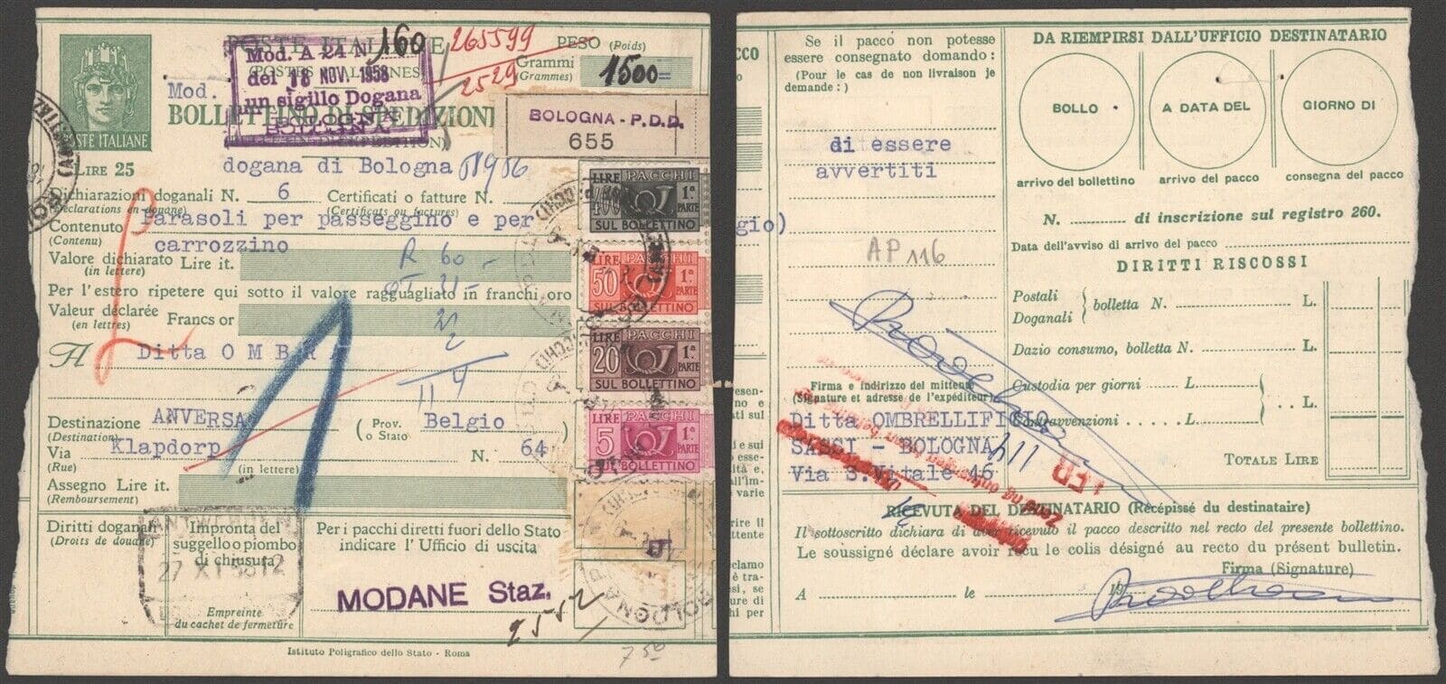 ITALY 1958 - Parcel Post Waybill Stationery