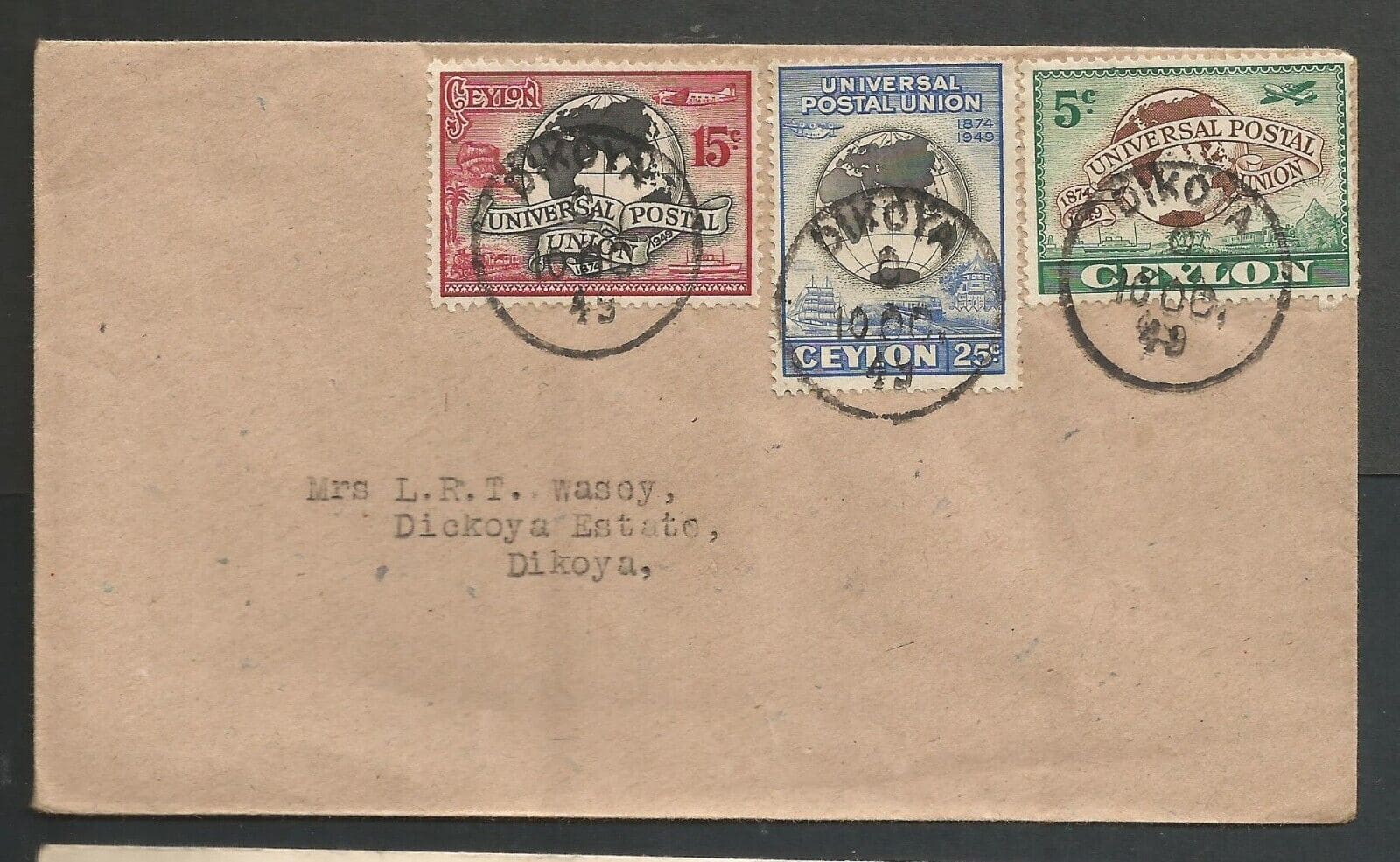 CEYLON 1949 UPU COVER. USED