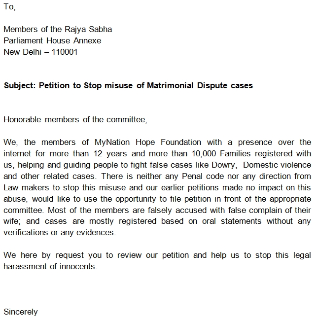 Rajya Sabha Petition cover letter