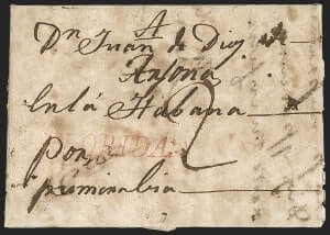 FLORIDA, Clear strike of Spanish Colonial red straightline handstamp