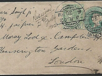 INDIA 1902 QV Half Anna Small Envelope Used Jaipur to London