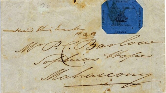 BRITISH GUINA - 1856, 4-cents blue octagonal stamp on an envelope