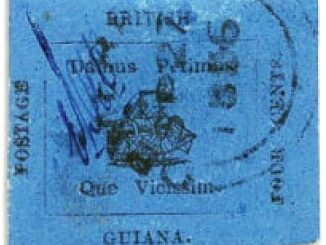 BRITISH GUINA - 1856, 4 cents black on blue