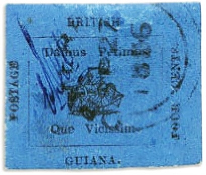 BRITISH GUINA - 1856, 4 cents black on blue