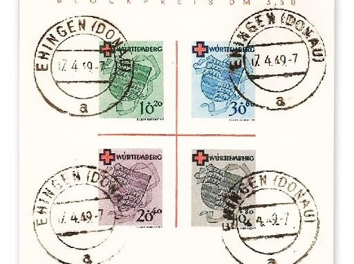 GERMANY - 1949, Block of 4 Württemberg stamps Minisheet