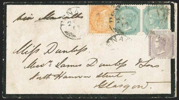 INDIA - Used in Penang (Malaya), 1860-67, 2a Brownish Orange, 4a Green, 8p Lilac