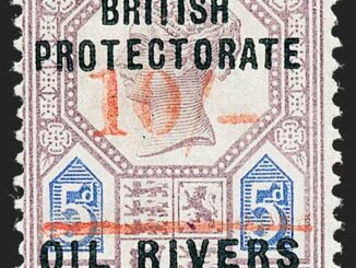 NIGER COAST PROTECTORATE - 1893, 10sh on 5sh Lilac & Blue, Red Surcharge
