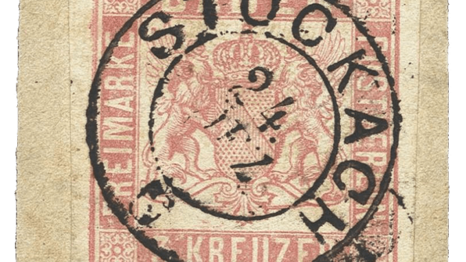 GERMANY - 1850, Imperforate Baden 3-kreuzer rose stamp