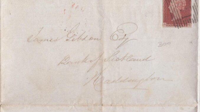 GREAT BRITAIN – 1845, QV FINE 1d PENNY RED STAMP ON WRAPPER TO BANK OF SCOTLAND AT HADDINGTON